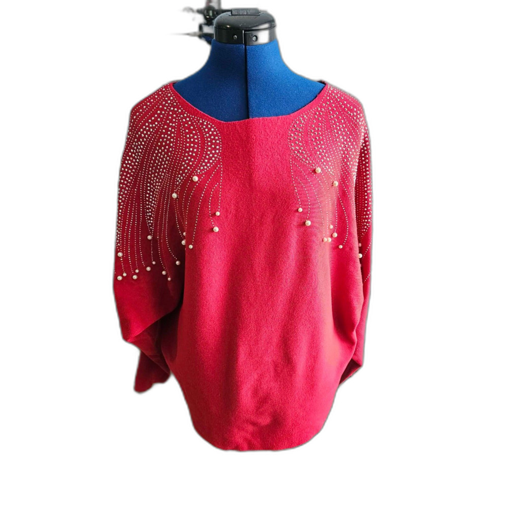 Oliver O Women’s XL Red Rhinestone Pearl Embellished Dolman Sleeve Sweater